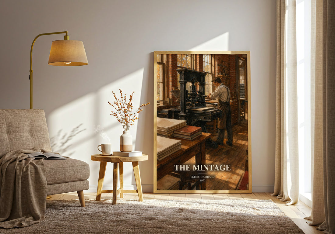 The Mintage watercolour print in frame leaning in hallway – literary fiction wall art (mockup)