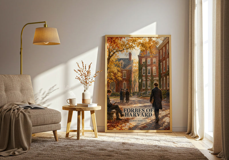 Forbes Of Harvard watercolour print in frame leaning in hallway – literary fiction wall art