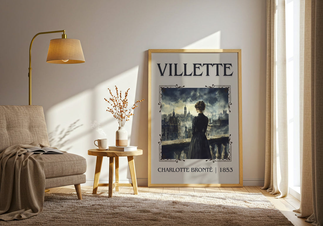 Villette classic book art print in frame leaning in hallway – classic literature wall art (mockup)