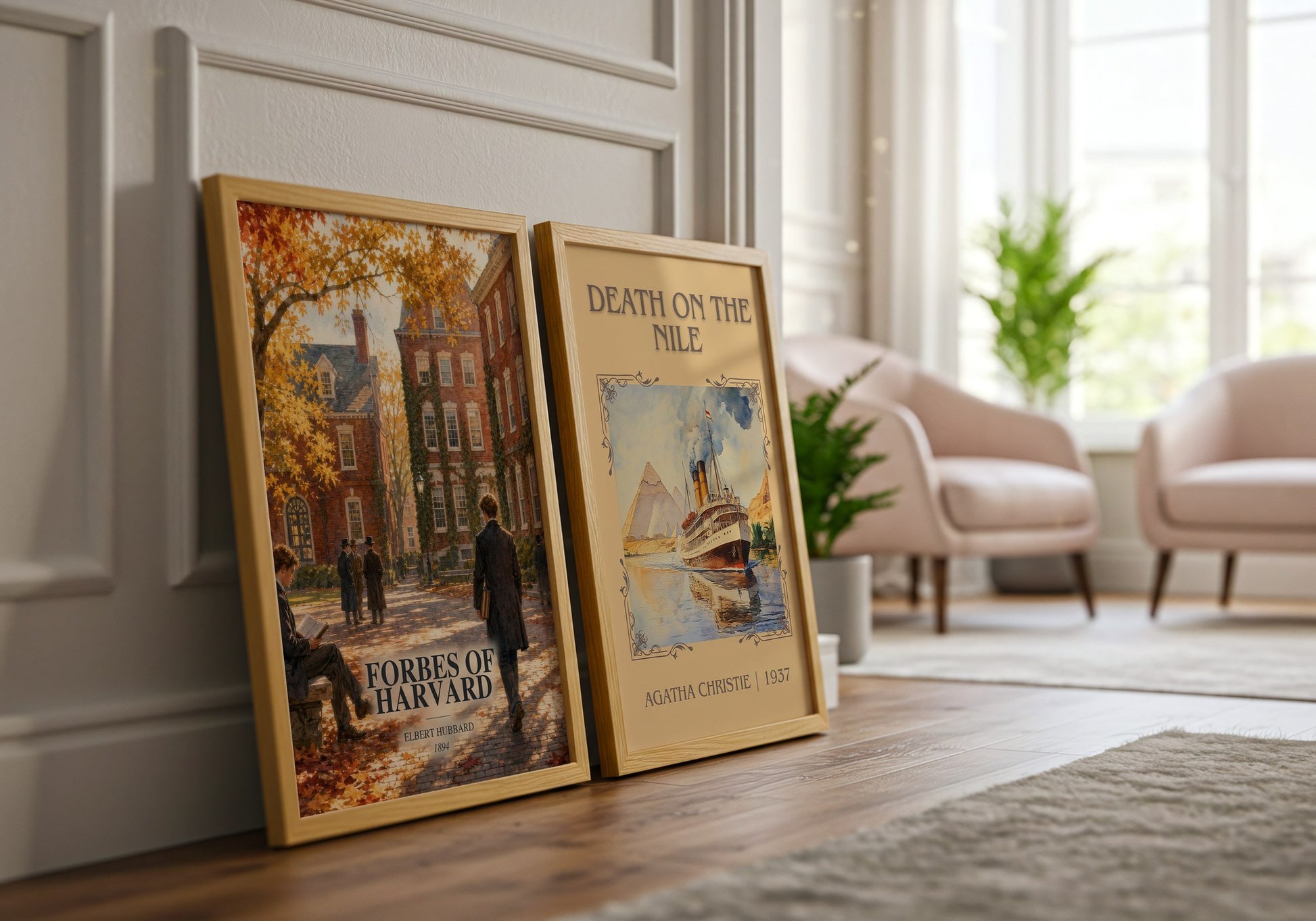 Forbes Of Harvard watercolour print framed by window – literary home decor