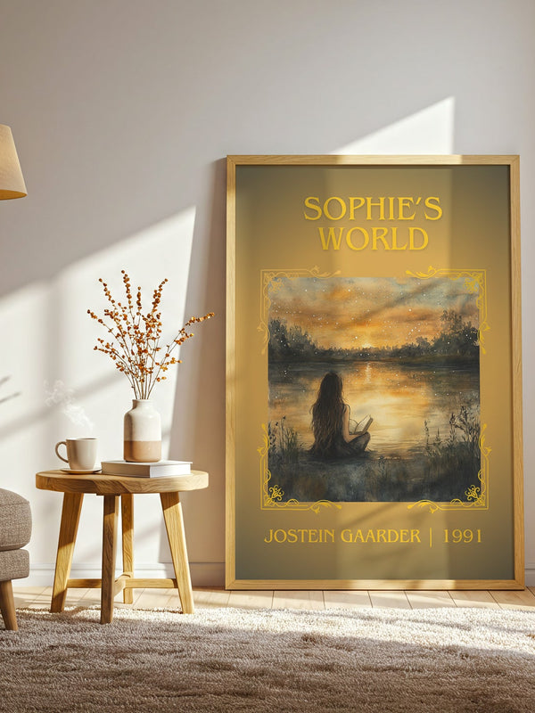 Sophie's World classic book art print in frame leaning in hallway – literary fiction wall art