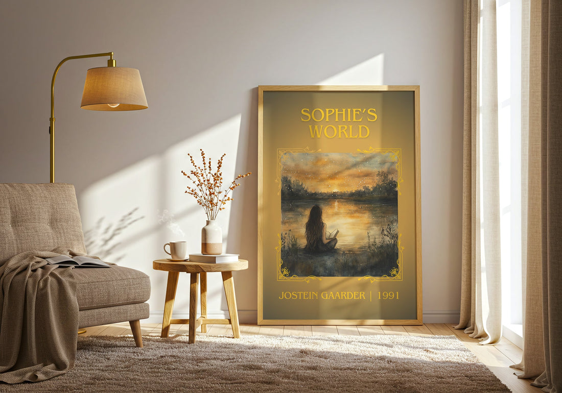 Sophie's World classic book art print in frame leaning in hallway – literary fiction wall art (mockup)