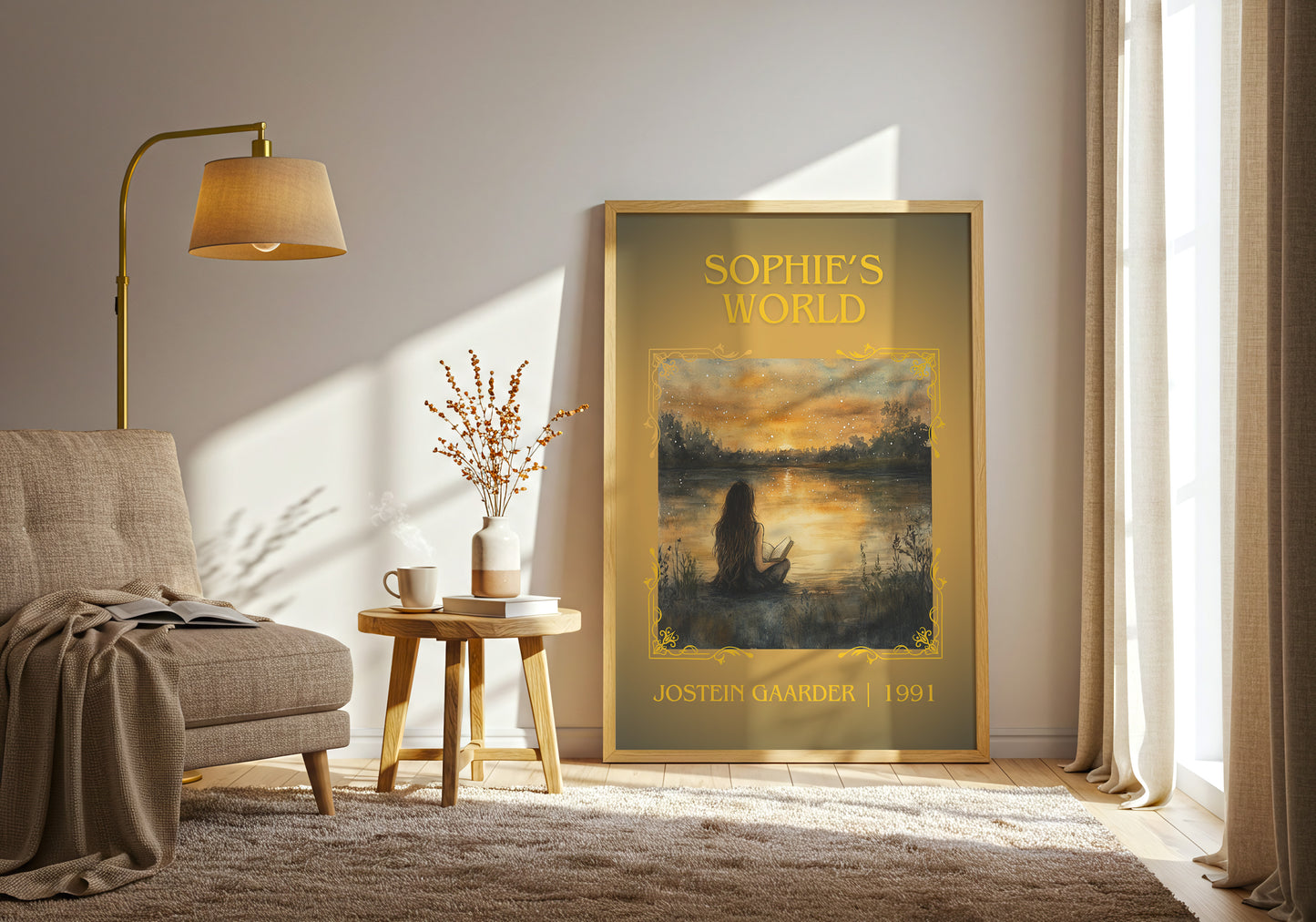 Sophie's World classic book art print in frame leaning in hallway – literary fiction wall art