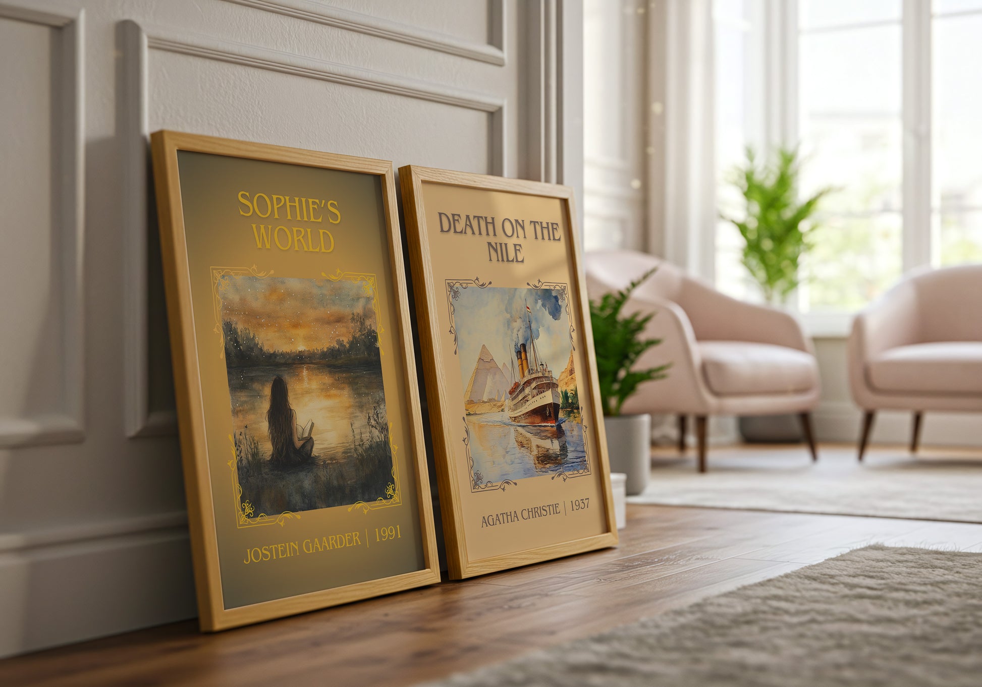 Sophie's World classic book art print framed by window – literary home decor