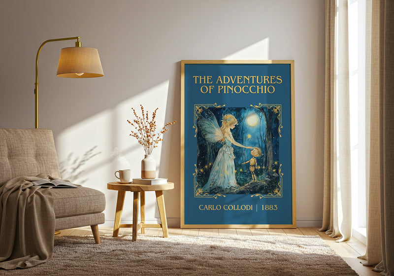 Adventures of Pinocchio classic book art print in frame leaning in hallway – childrens wall art