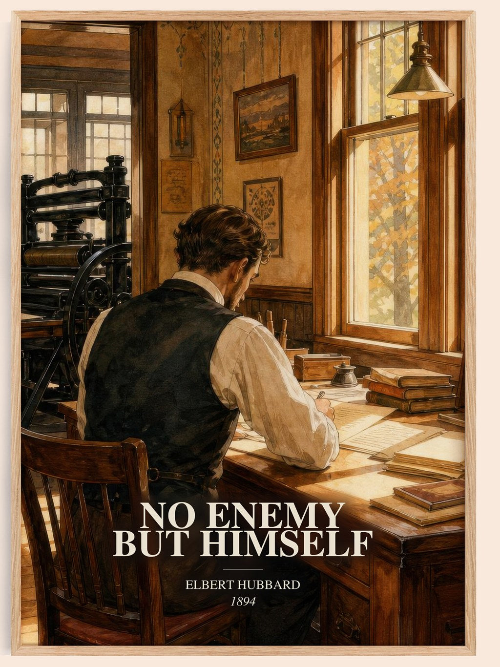 No Enemy But Himself watercolour book poster by Elbert Hubbard – framed literary art print