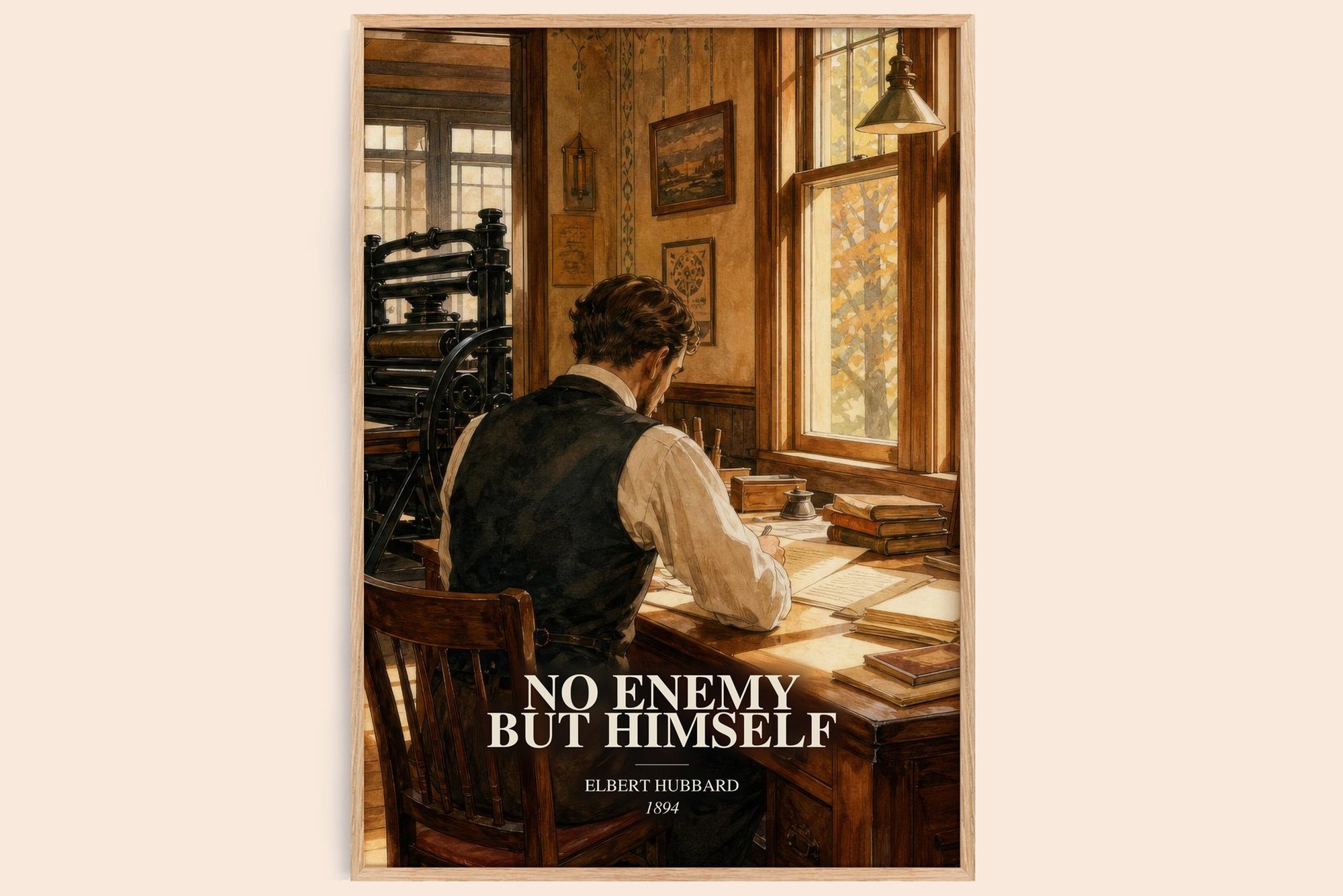 No Enemy But Himself watercolour book poster by Elbert Hubbard – framed literary art print