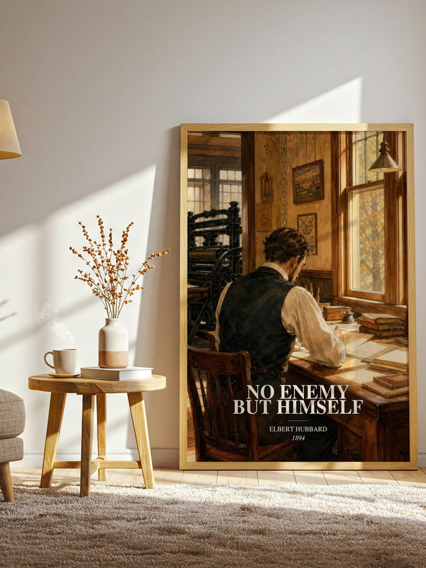 No Enemy But Himself watercolour print in frame leaning in hallway – non fiction wall art