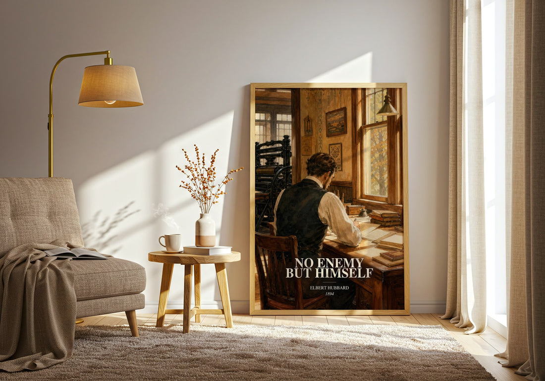 No Enemy But Himself watercolour print in frame leaning in hallway – non fiction wall art (mockup)