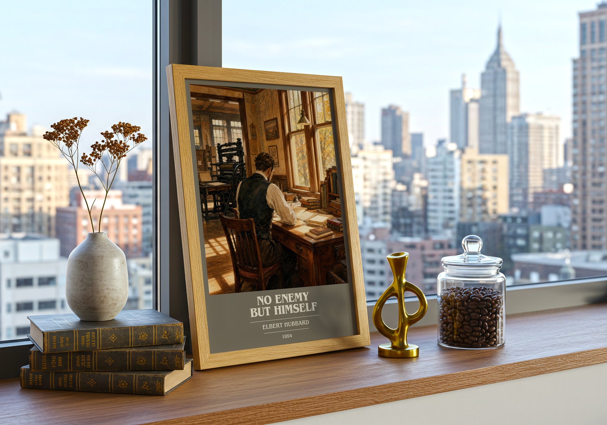 No Enemy But Himself book cover print framed by window – literary home decor