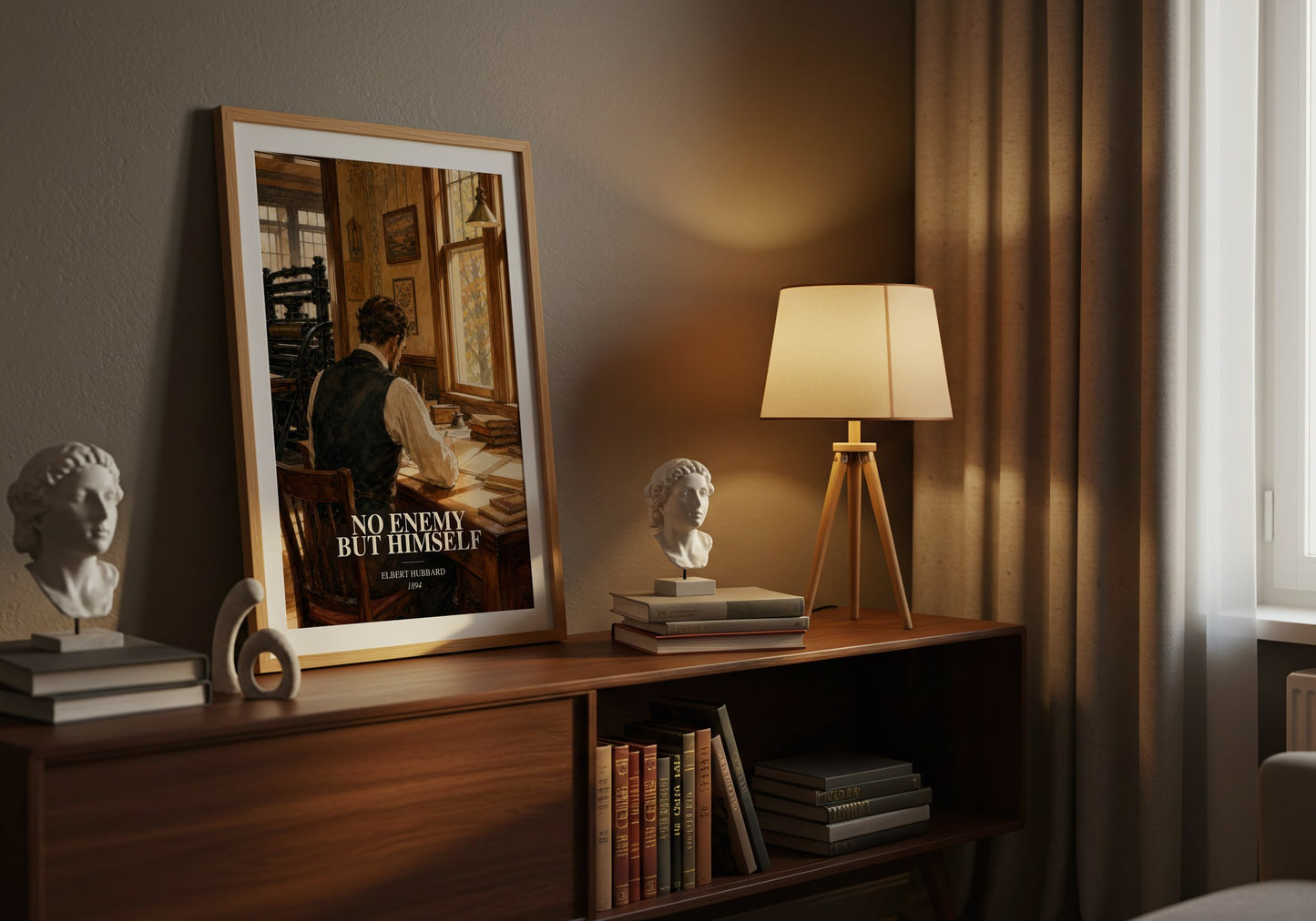No Enemy But Himself watercolour print on bookshelf – Elbert Hubbard fan gift