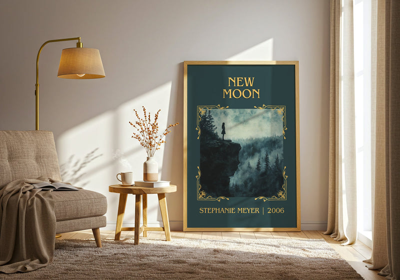 New Moon classic book art print in frame leaning in hallway – young adult wall art