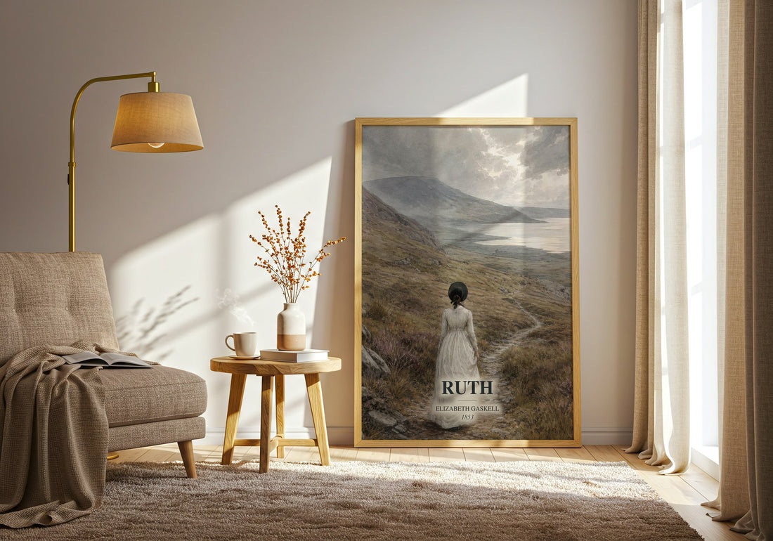 Ruth watercolour print in frame leaning in hallway – classic literature wall art (mockup)