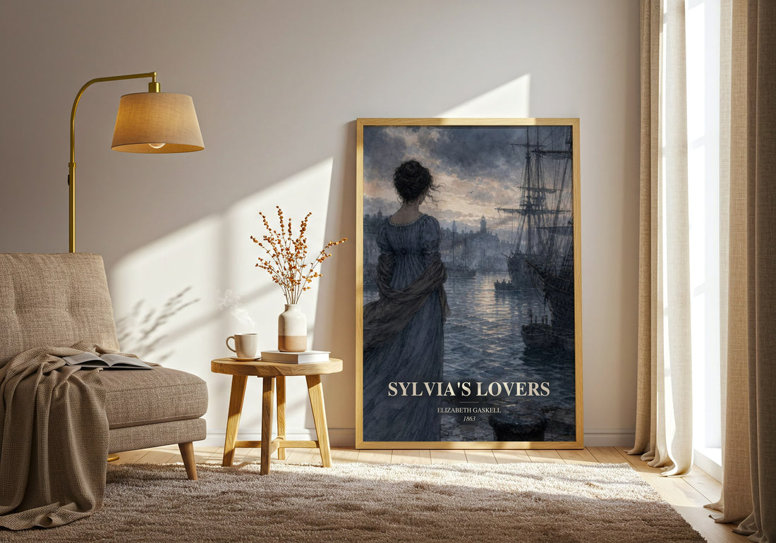 Sylvia'S Lovers watercolour print in frame leaning in hallway – historical fiction wall art (mockup)