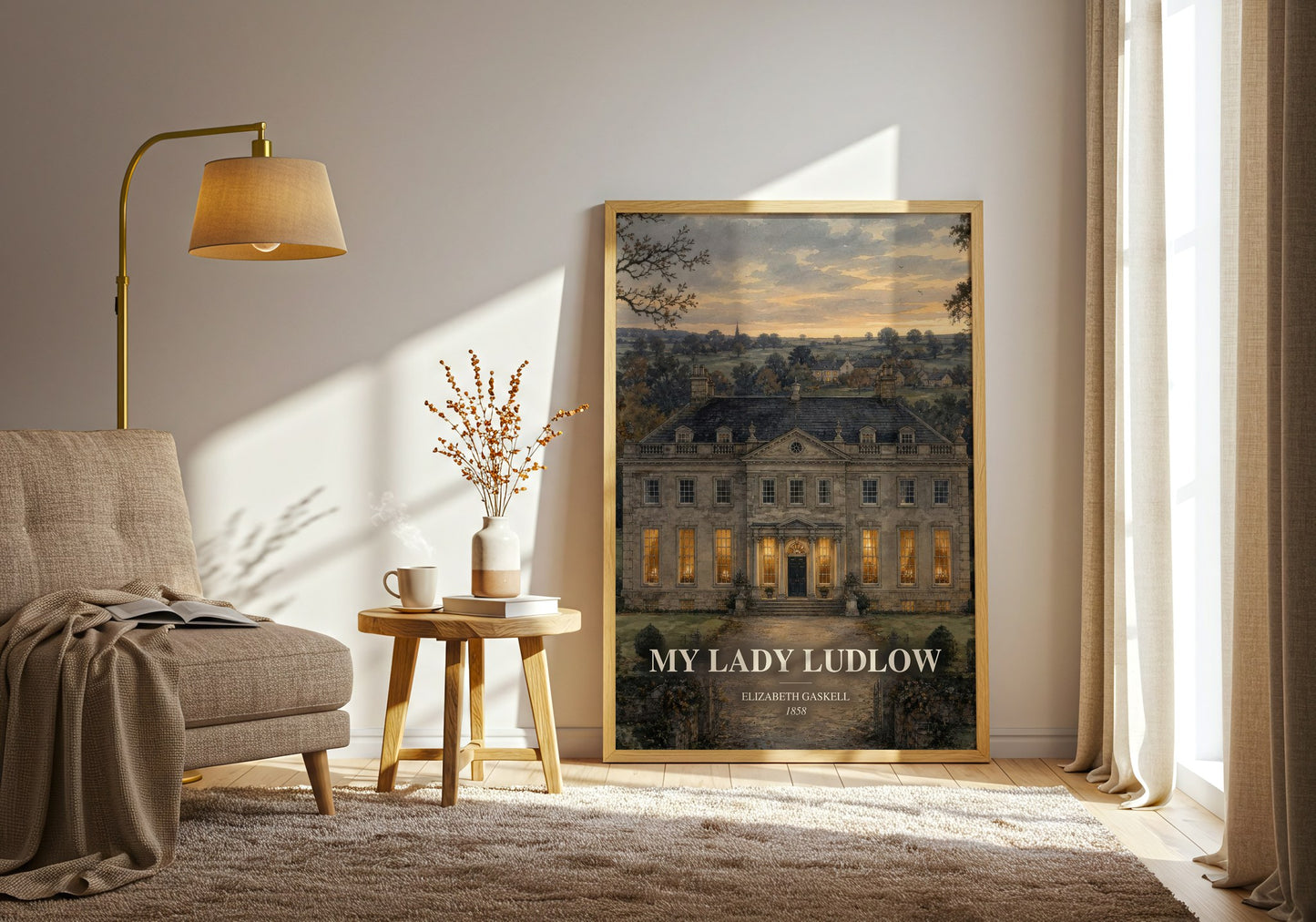 My Lady Ludlow watercolour print in frame leaning in hallway – classic literature wall art