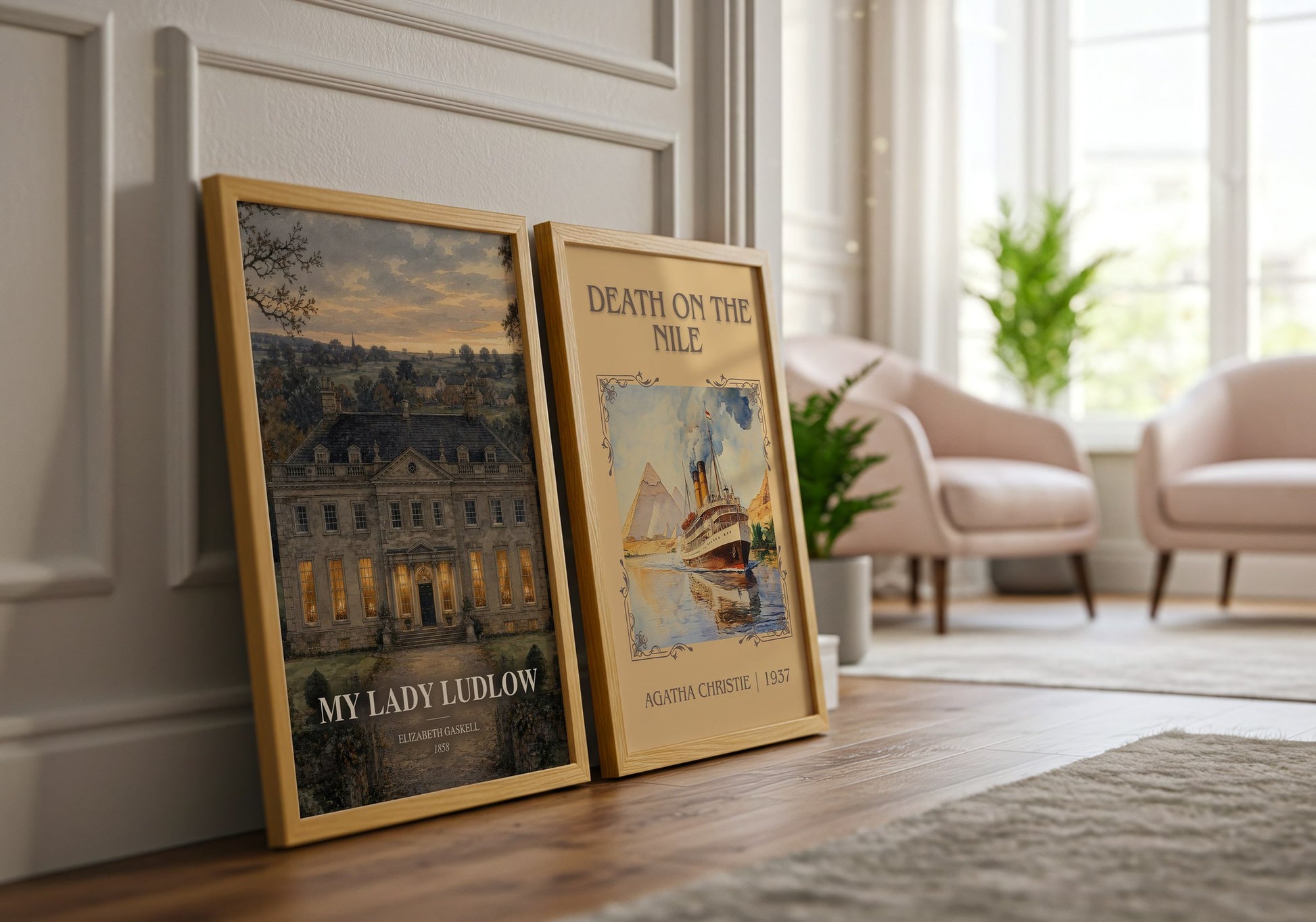My Lady Ludlow watercolour print framed by window – literary home decor