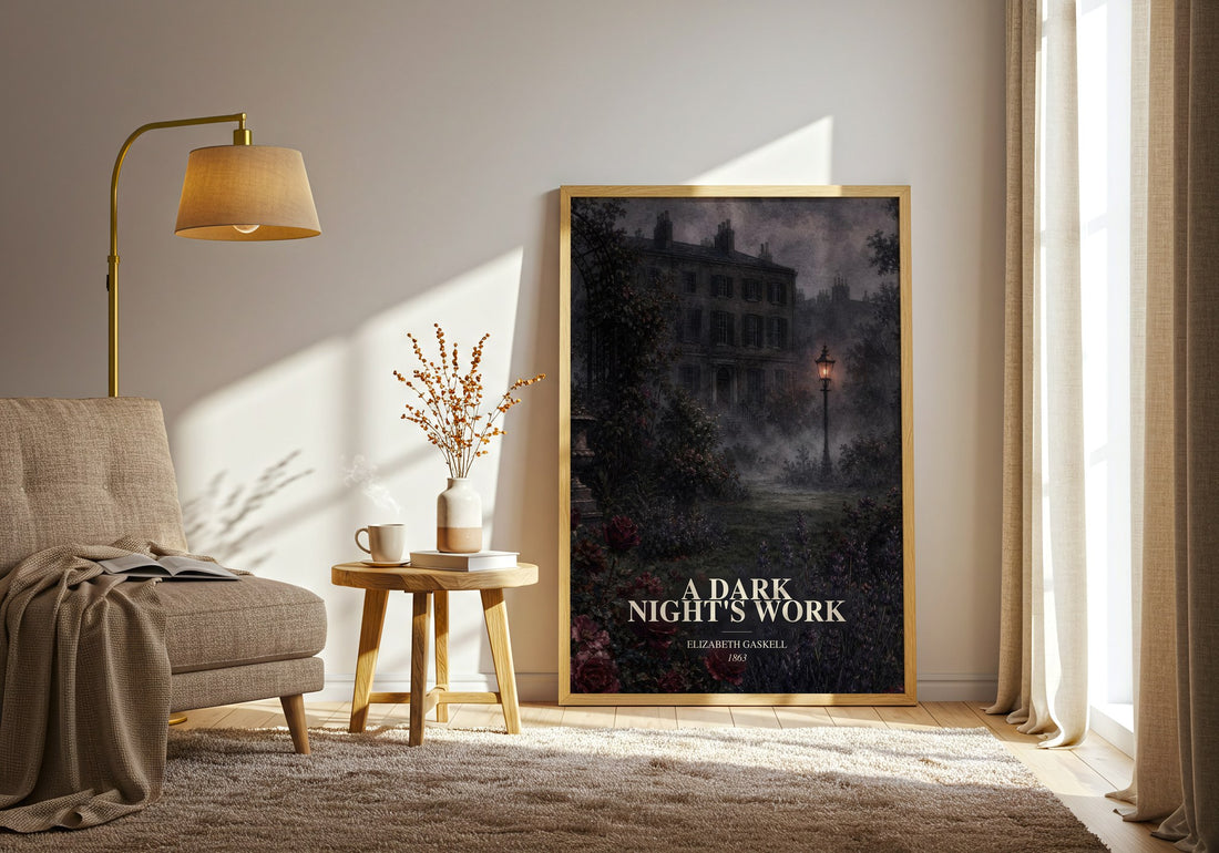 A Dark Night'S Work watercolour print in frame leaning in hallway – mystery wall art (mockup)