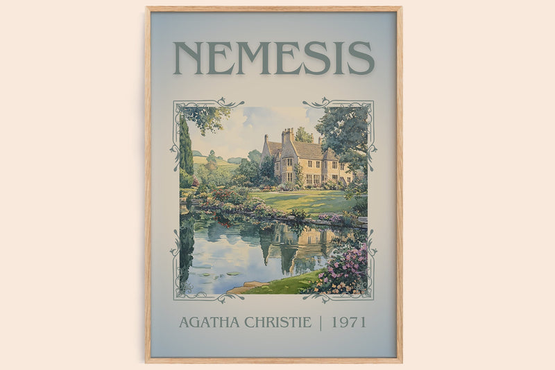 Nemesis classic book art book poster by Agatha Christie – framed literary art print