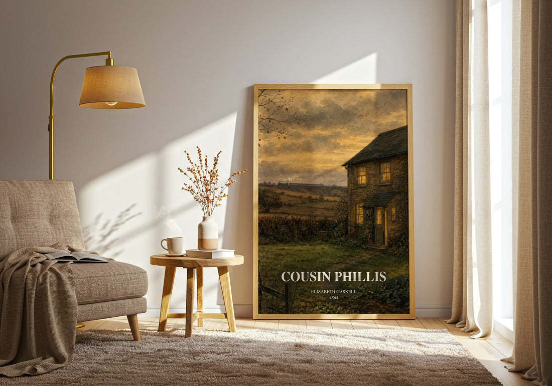 Cousin Phillis watercolour print in frame leaning in hallway – classic literature wall art (mockup)