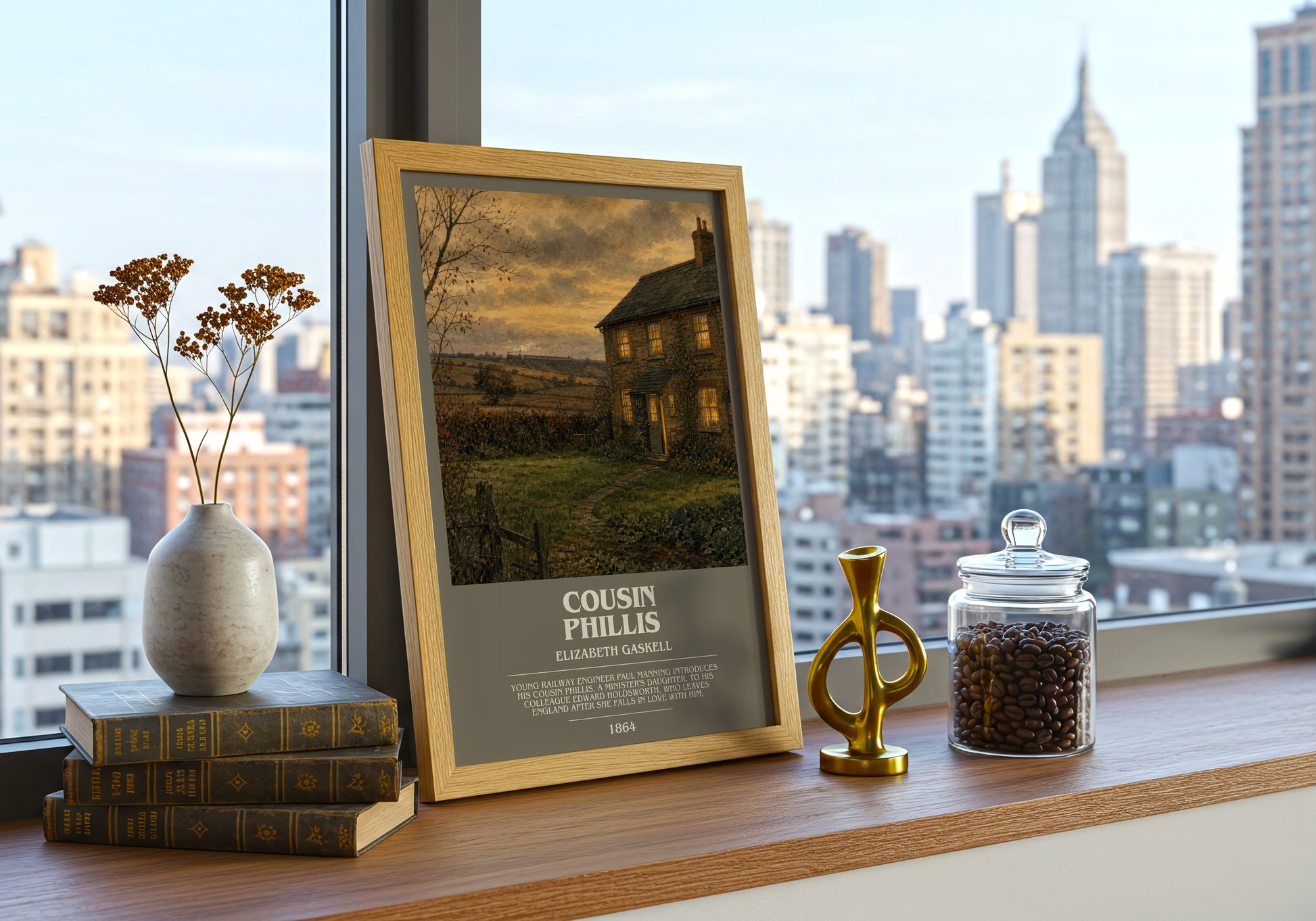 Cousin Phillis bookish print framed by window – literary home decor