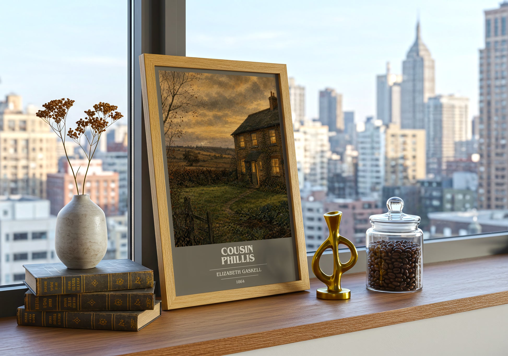 Cousin Phillis book cover print framed by window – literary home decor