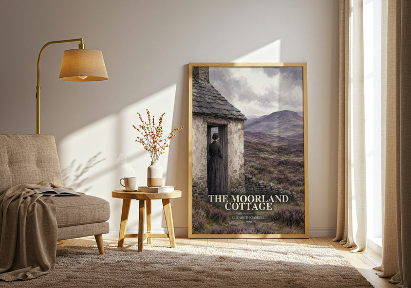 The Moorland Cottage watercolour print in frame leaning in hallway – classic literature wall art