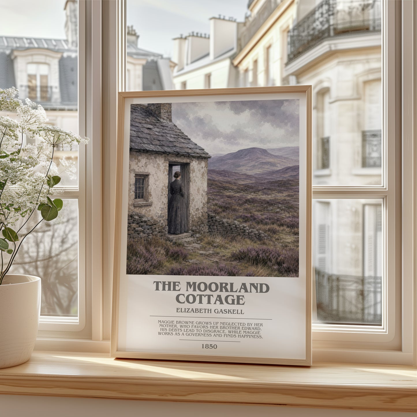 The Moorland Cottage bookish poster colour and style options – Elizabeth Gaskell book art