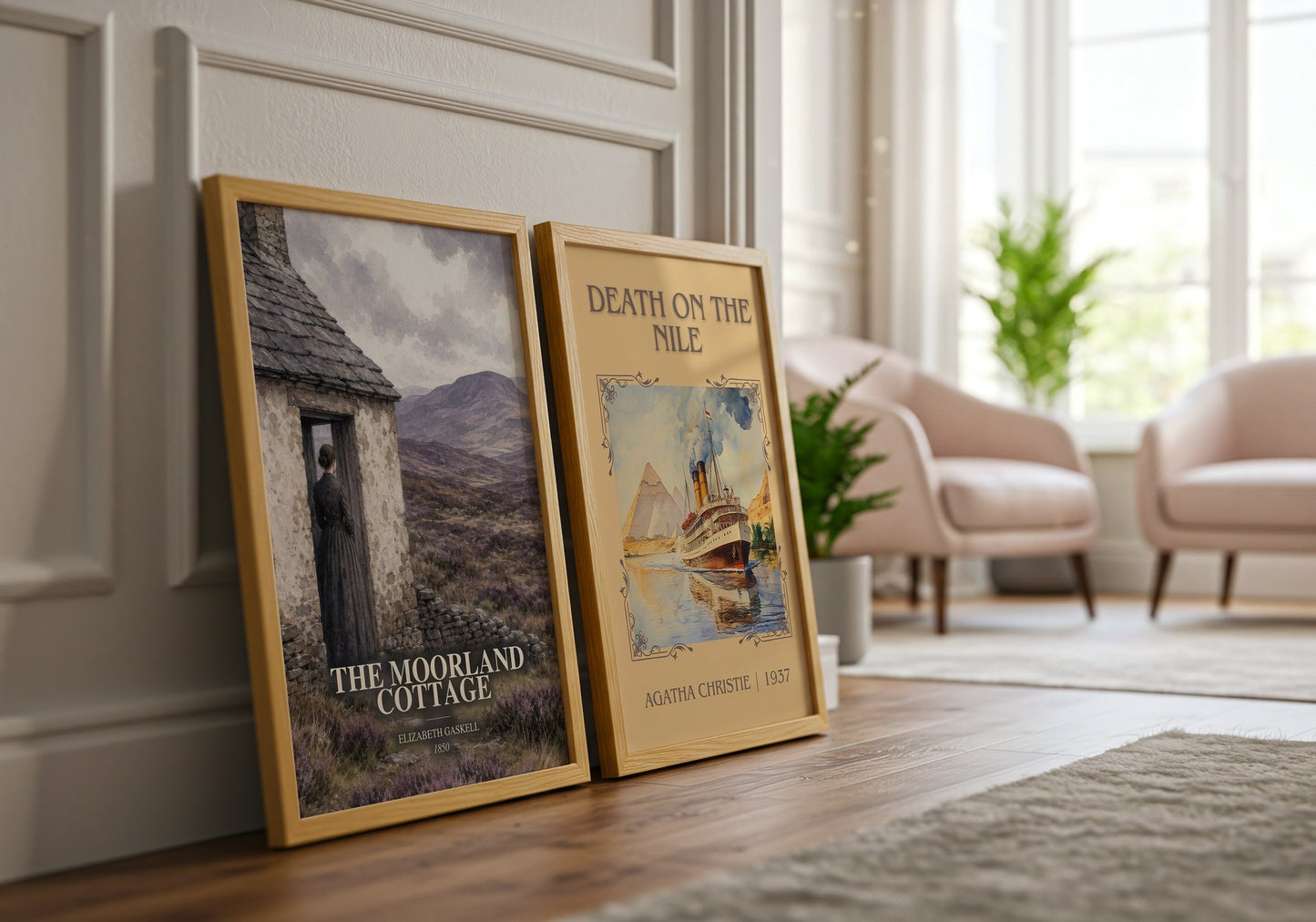 The Moorland Cottage watercolour print framed by window – literary home decor