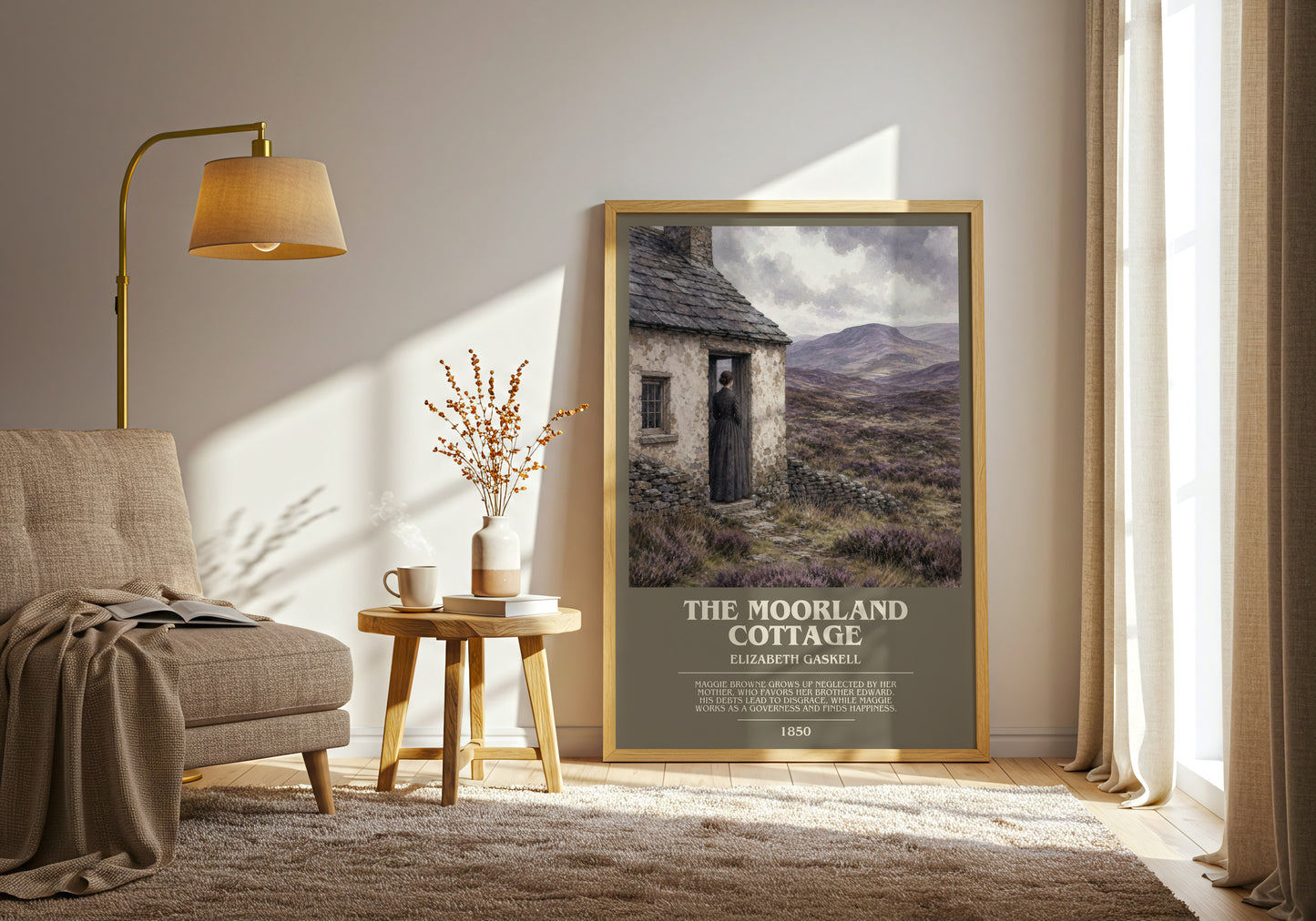 The Moorland Cottage bookish print on bookshelf – Elizabeth Gaskell fan gift