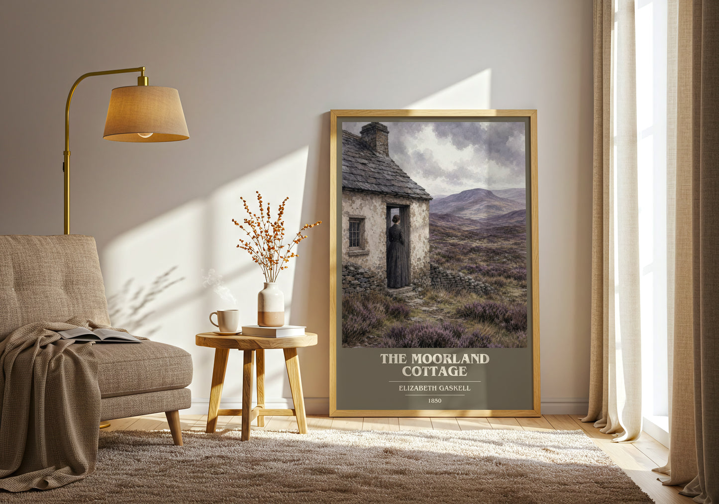 The Moorland Cottage book cover print on bookshelf – Elizabeth Gaskell fan gift