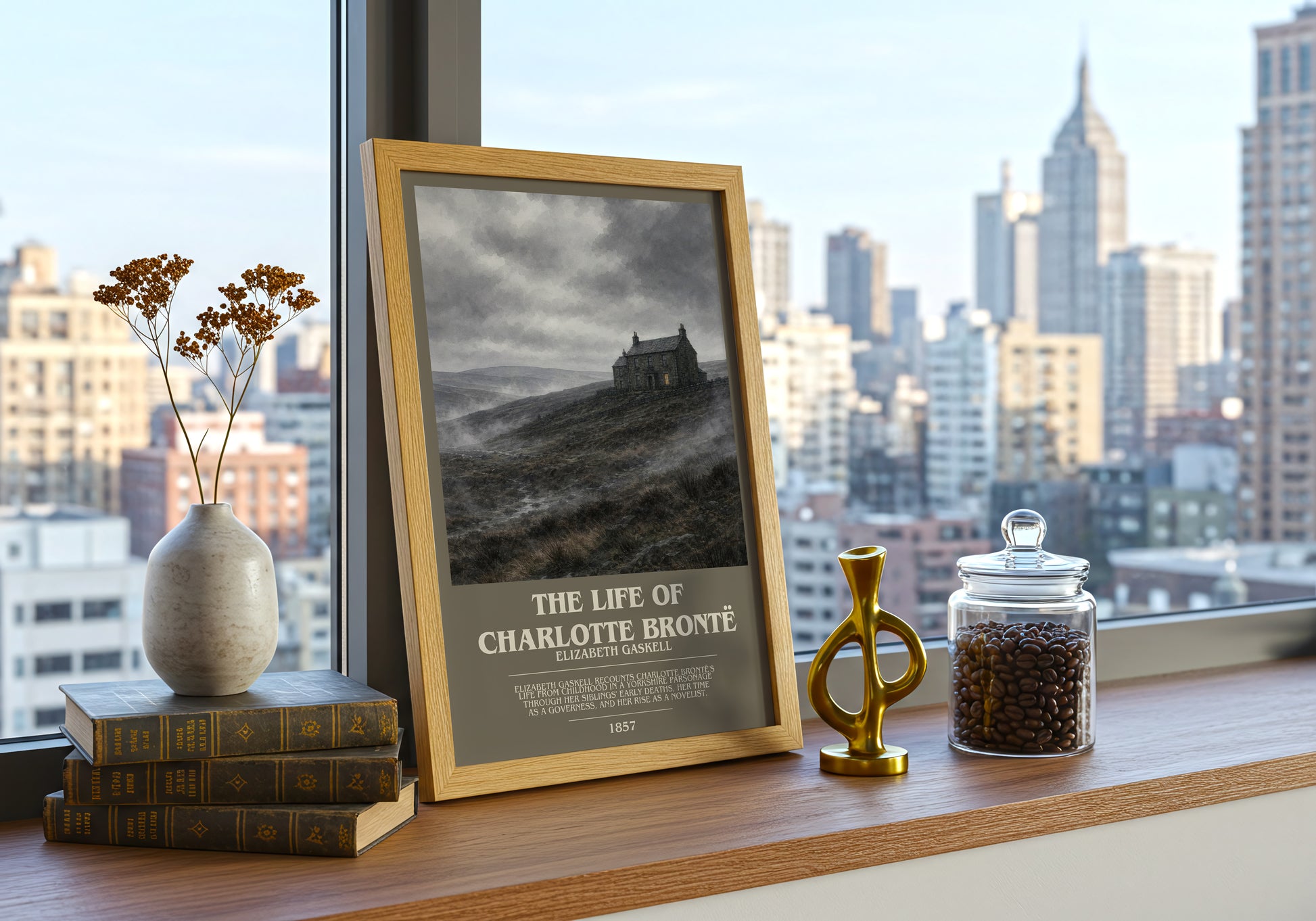 The Life Of Charlotte Brontë bookish print framed by window – literary home decor