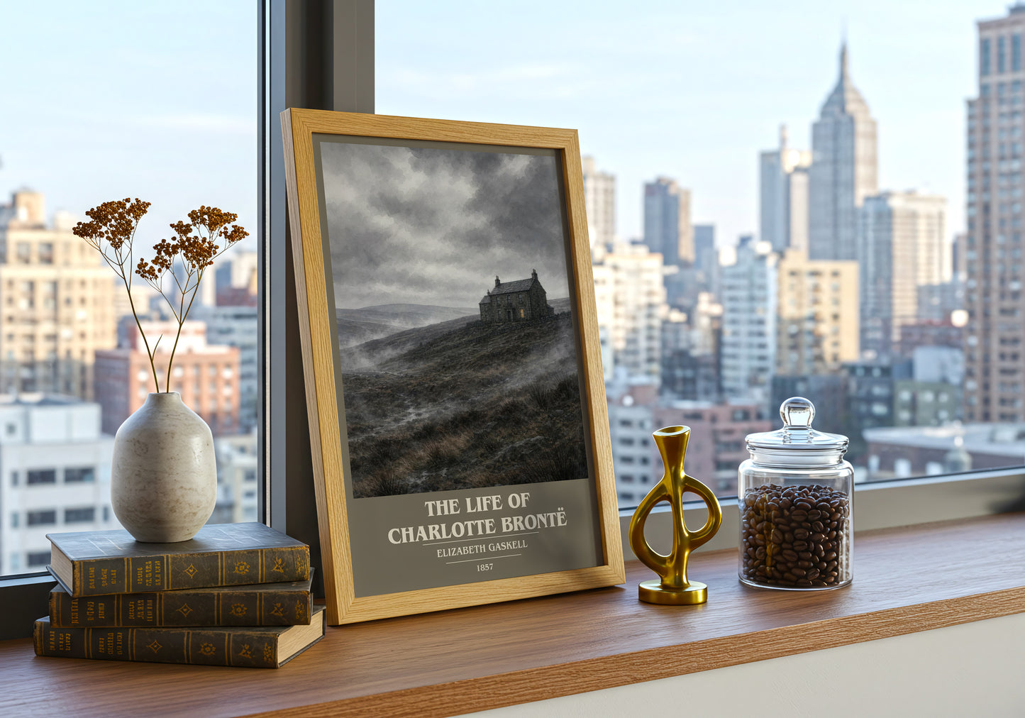 The Life Of Charlotte Brontë book cover print framed by window – literary home decor