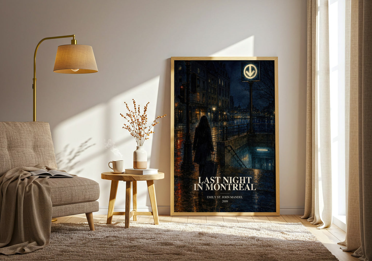 Last Night In Montreal watercolour print in frame leaning in hallway – literary fiction wall art