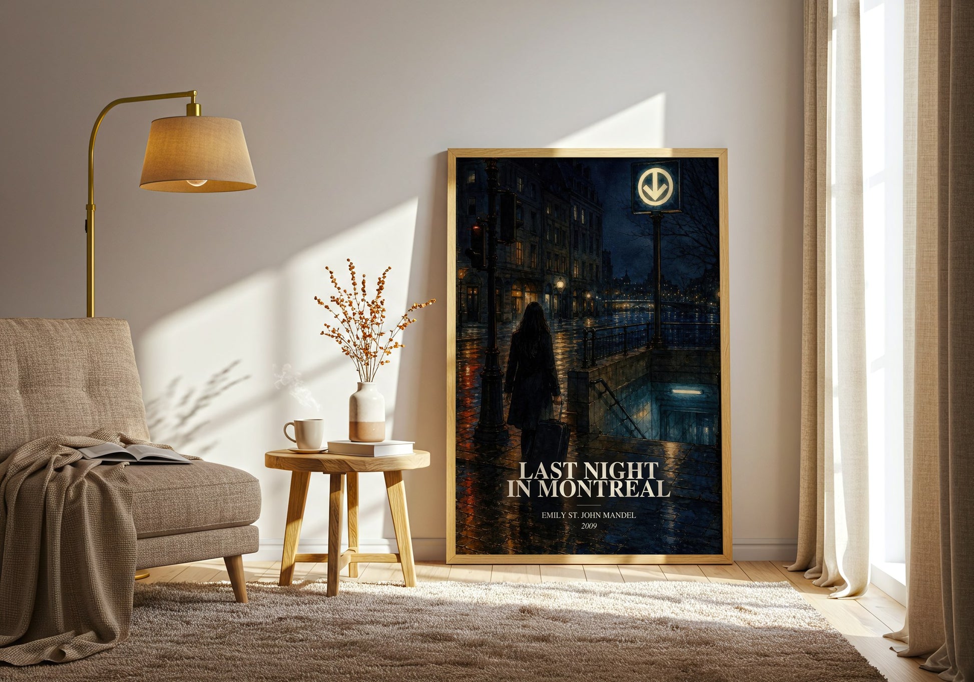 Last Night In Montreal watercolour print in frame leaning in hallway – literary fiction wall art