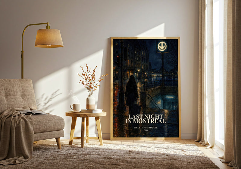Last Night In Montreal watercolour print in frame leaning in hallway – literary fiction wall art