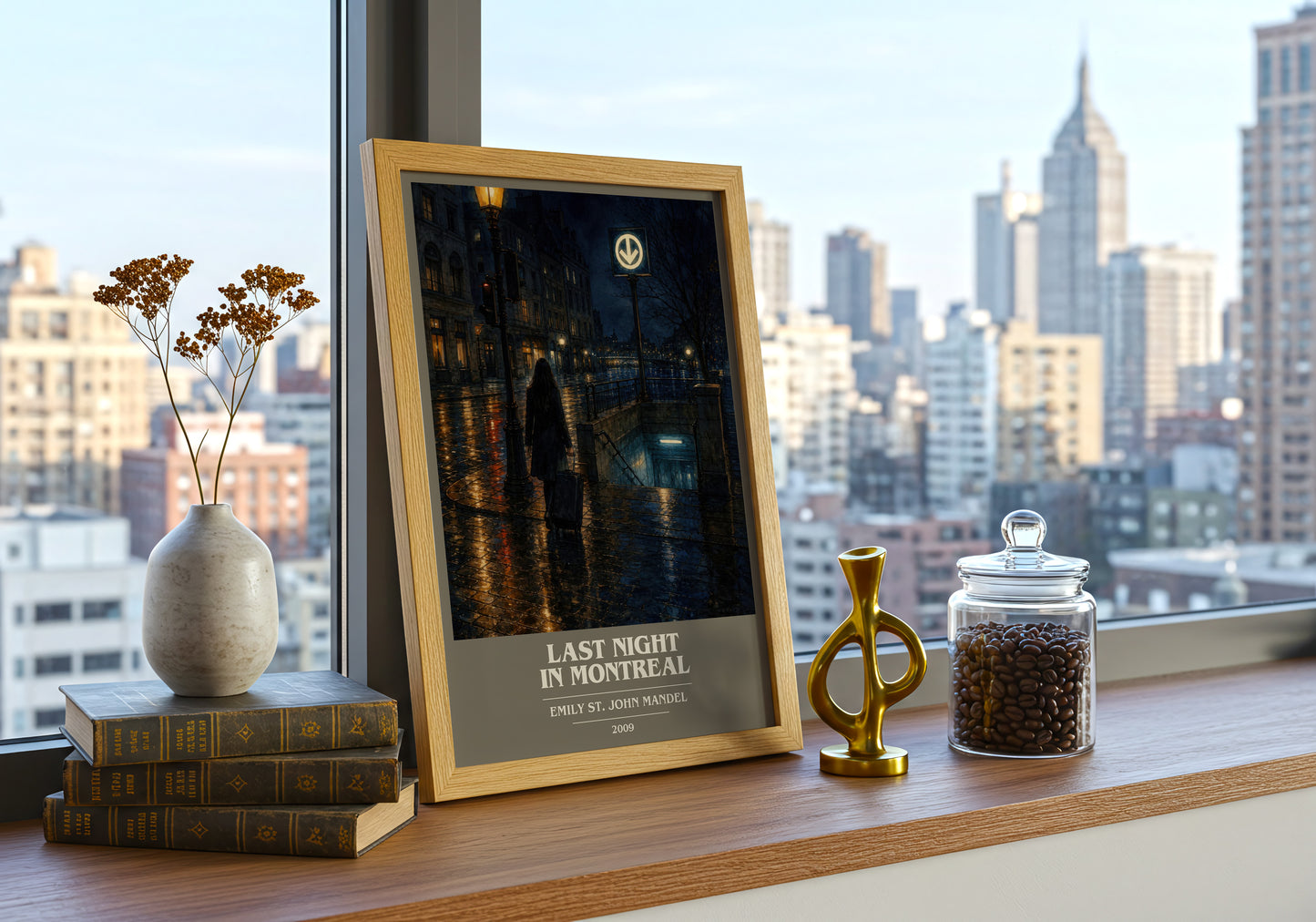 Last Night In Montreal book cover print framed by window – literary home decor