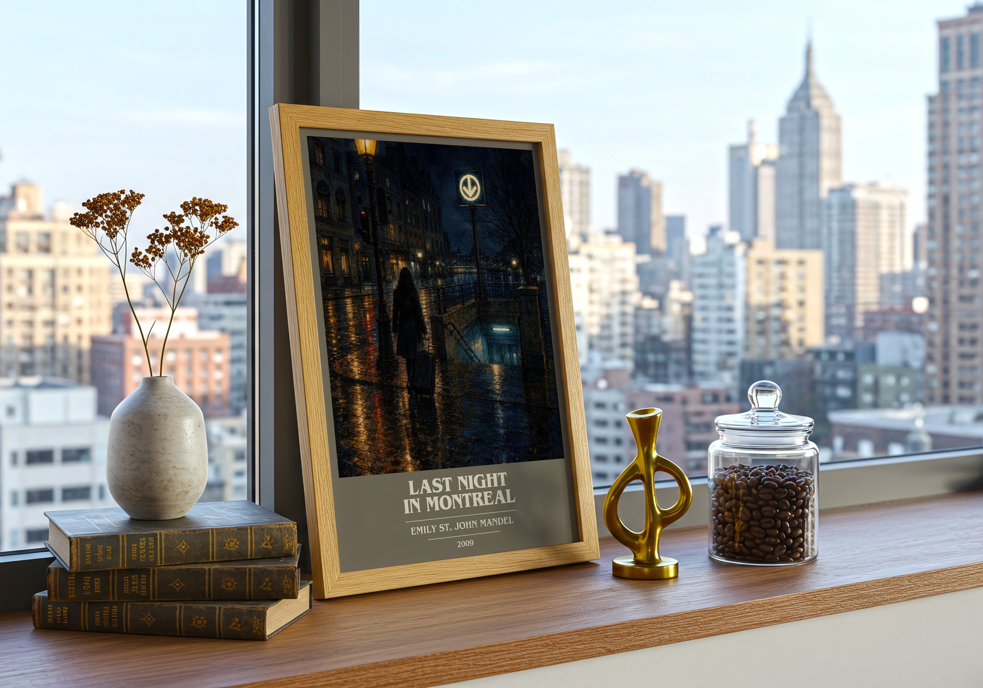 Last Night In Montreal book cover print framed by window – literary home decor