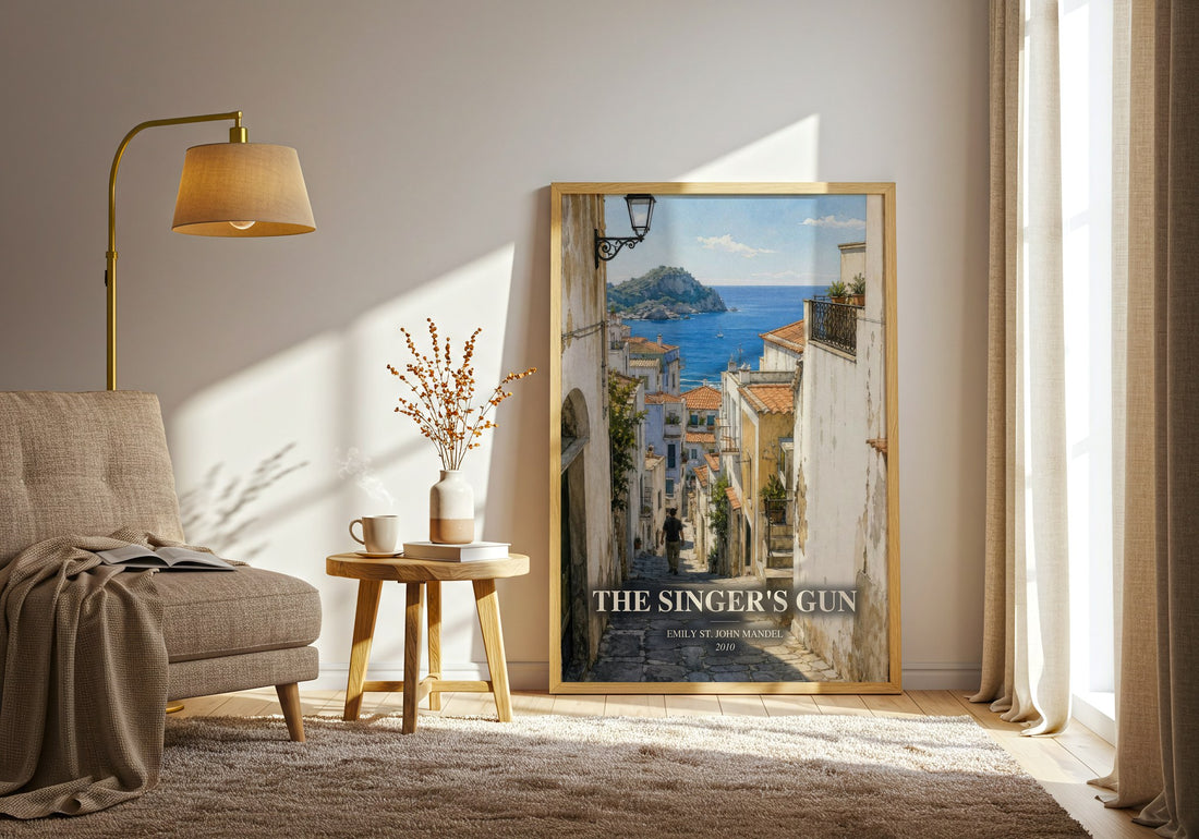 The Singer'S Gun watercolour print in frame leaning in hallway – crime wall art (mockup)