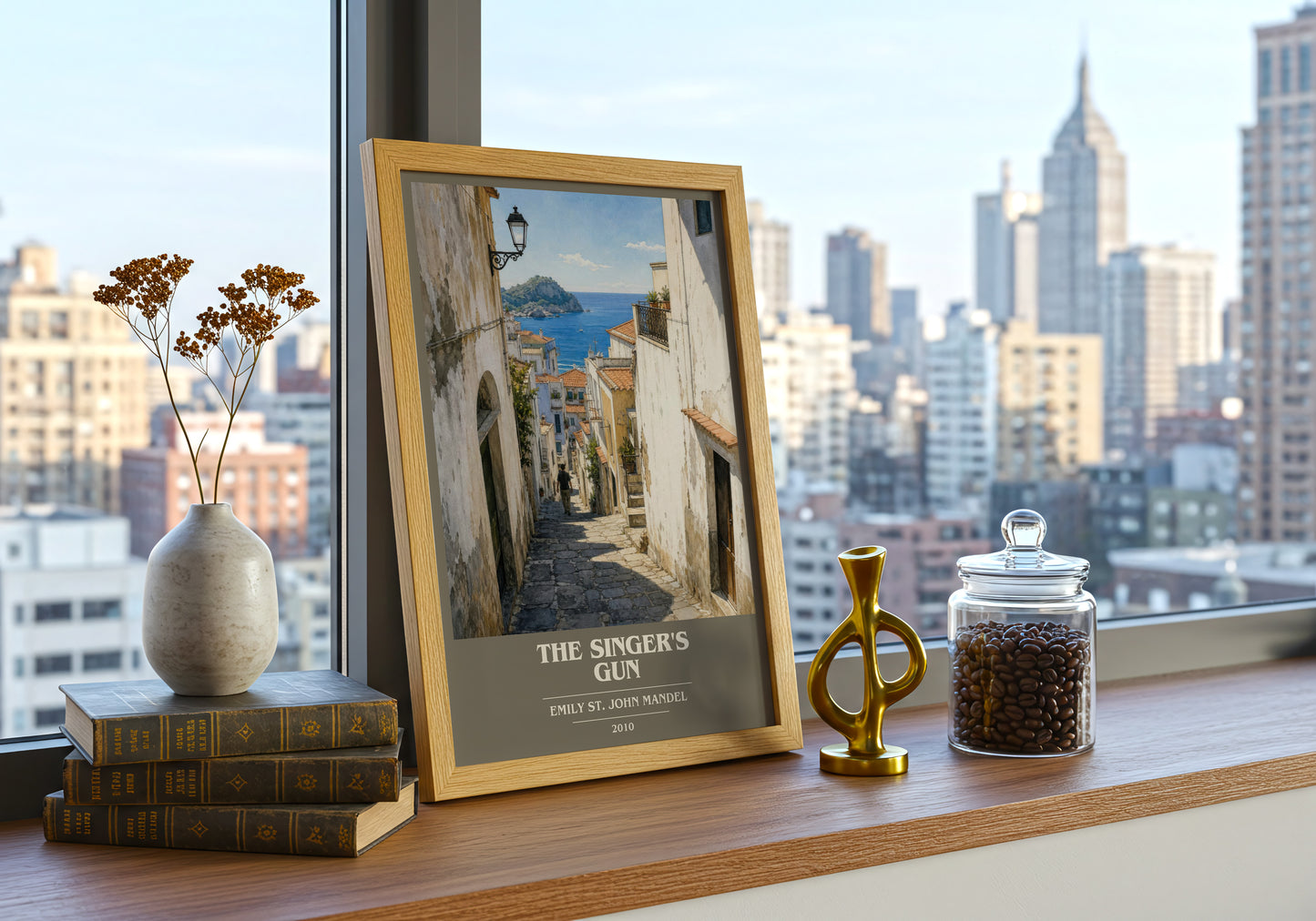 The Singer'S Gun book cover print framed by window – literary home decor