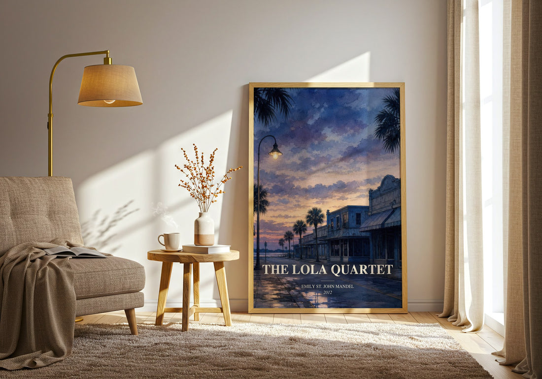 The Lola Quartet watercolour print in frame leaning in hallway – mystery wall art (mockup)