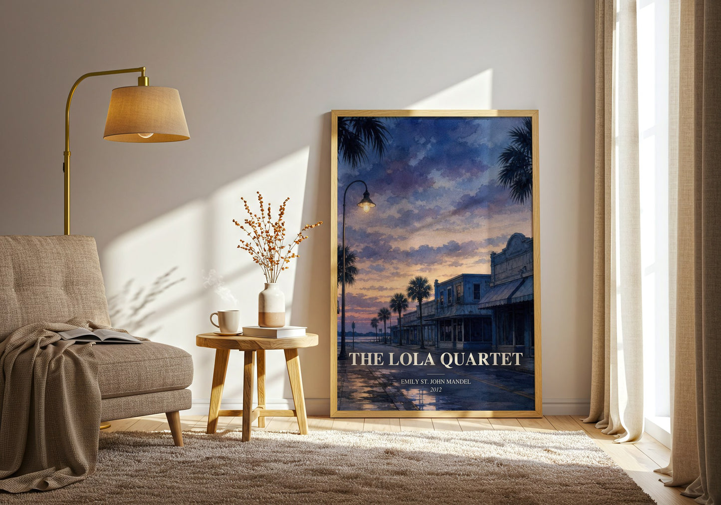 The Lola Quartet watercolour print in frame leaning in hallway – mystery wall art