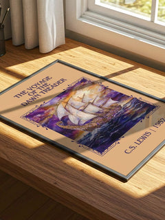 The Voyage of the Dawn Treader Classic Book Art Print by C. S. Lewis – print on a sunlit desk