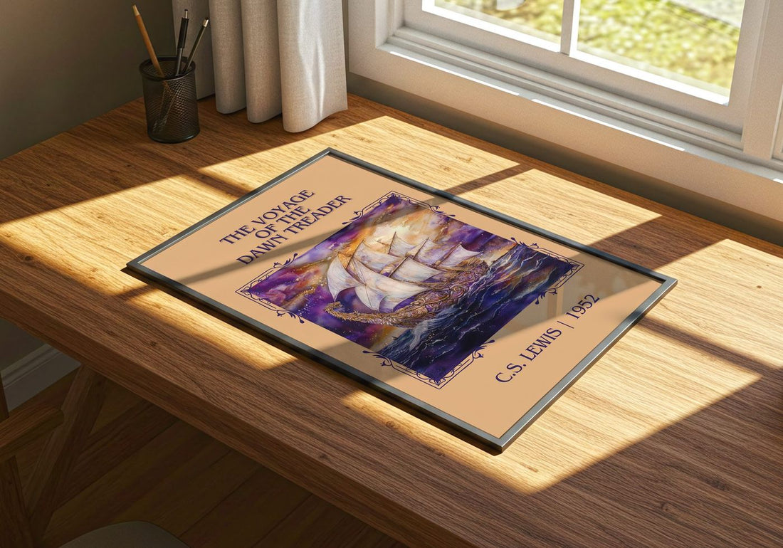 The Voyage of the Dawn Treader Classic Book Art Print by C. S. Lewis – print on a sunlit desk