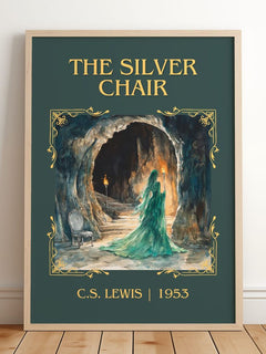 The Silver Chair Classic Book Art Print by C. S. Lewis – framed print leaning on a wooden floor