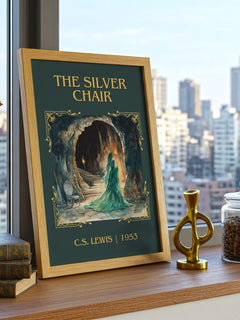 The Silver Chair Classic Book Art Print by C. S. Lewis – framed print on a city-view windowsill