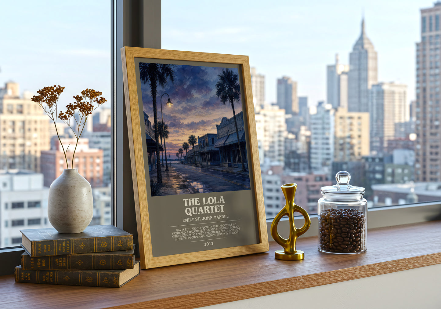 The Lola Quartet bookish print framed by window – literary home decor