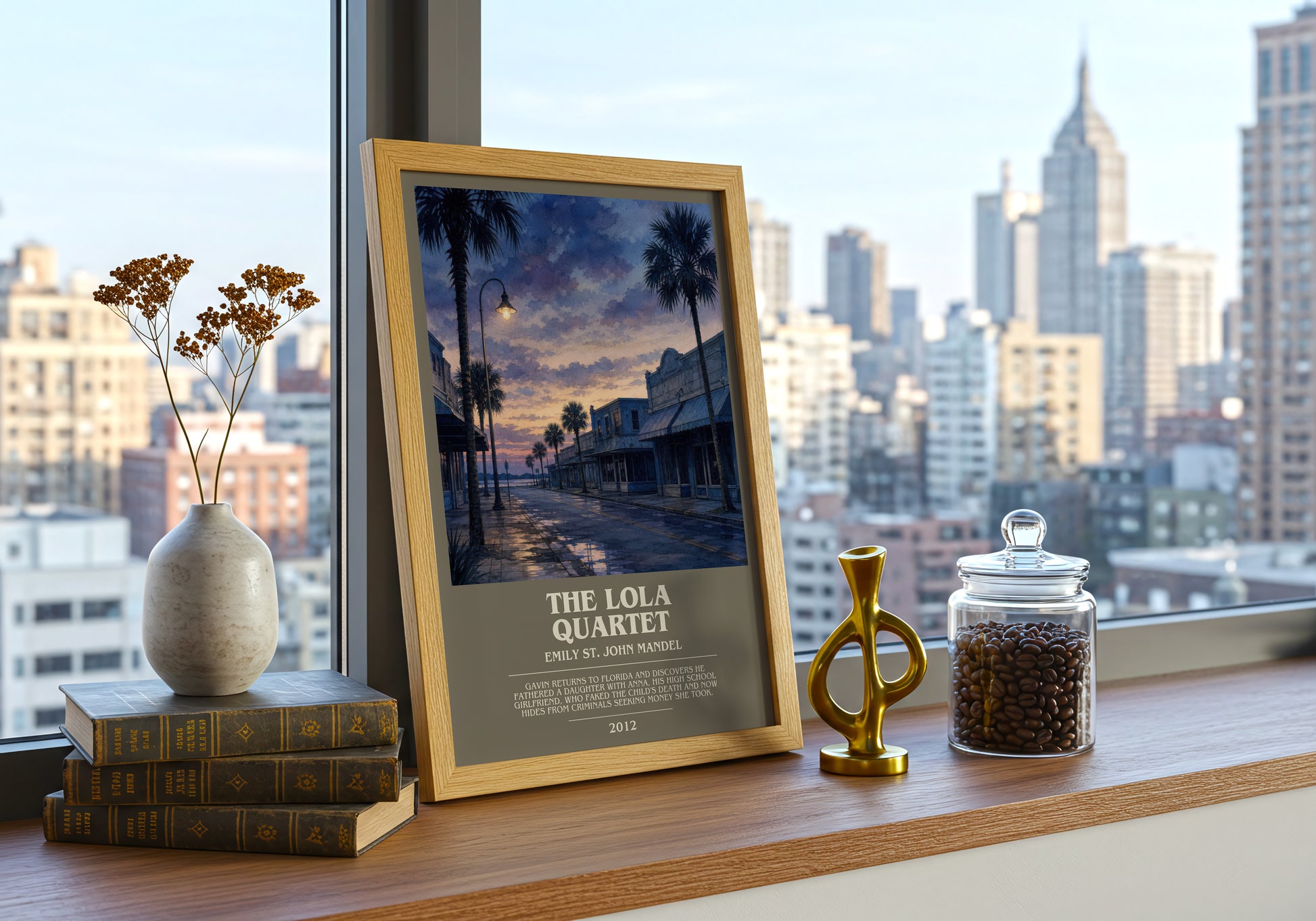 The Lola Quartet bookish print framed by window – literary home decor