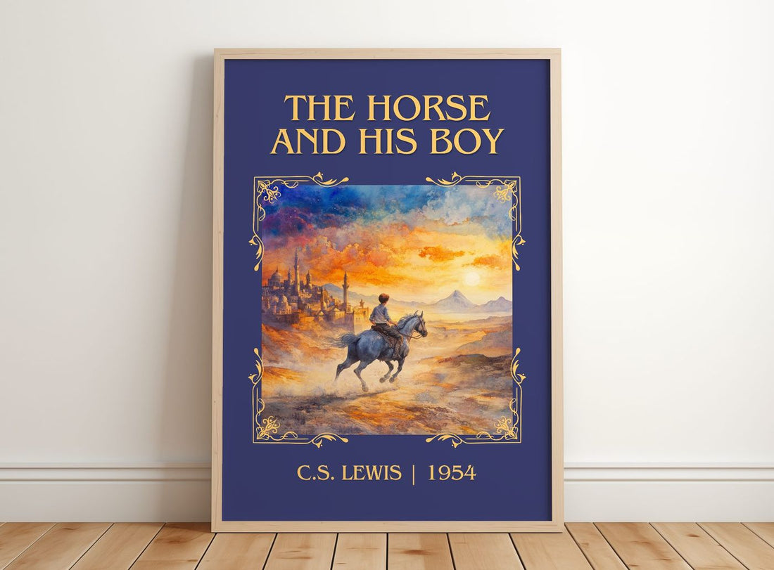The Horse and his Boy Classic Book Art Print by C. S. Lewis – framed print leaning on a wooden floor