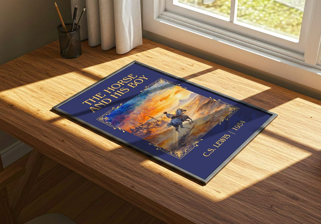 The Horse and his Boy Classic Book Art Print by C. S. Lewis – print on a sunlit desk