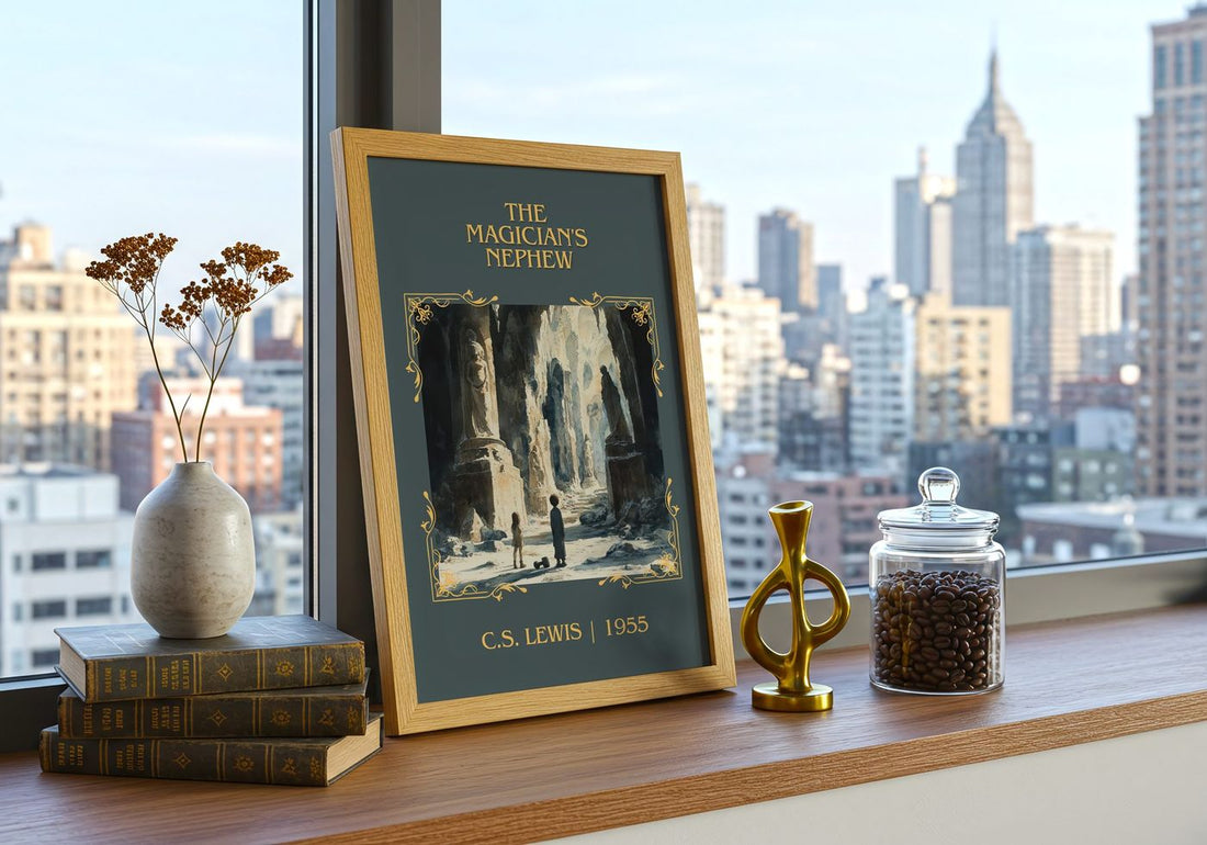 The Magician's Nephew Classic Book Art Print by C. S. Lewis – framed print on a city-view windowsill